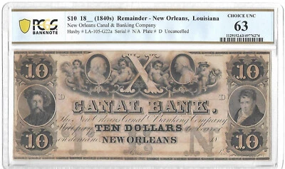 1840s $10 Paper Money New Orleans Banknote PCGS 63 UNC Vintage Canal Bank Bill - Image 1 of 2