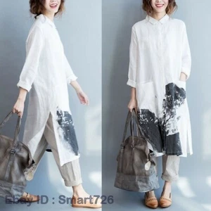 Chinese Ink Painting Shirt Ladies Pocket Maxi Blouse Loose Cotton Linen Oversize - Picture 1 of 13