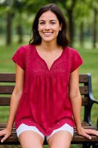 Lucky Brand Pink Red Eyelet Embroidered Boho Indian Style Blouse Size S - Picture 1 of 10