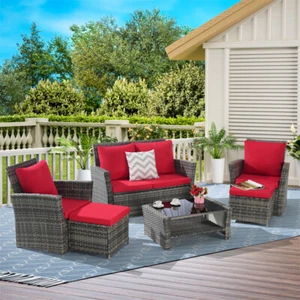 6 Pieces Rattan Outdoor Patio Furniture Set w/2 Removable Ottoman & Coffee Table - Picture 1 of 9