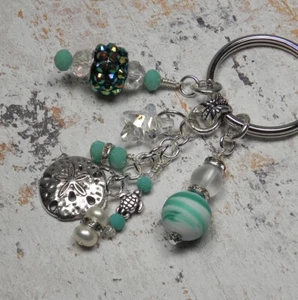 Sand Dollar Beach Crystal Glass Beaded Handmade Keychain Split Key Ring Aqua - Picture 1 of 4