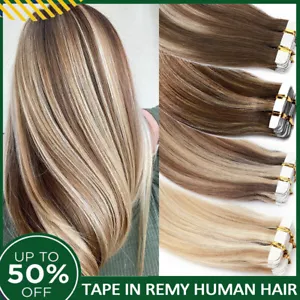 CLEARANCE Tape In 100% Real Remy Human Hair Extensions Skin Weft Full Head Thick - Picture 1 of 51