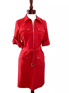 Michael Kors Shirt NEW Red Dress Size Med Zip Front Belted Roll Tab Sleeve Stain - Picture 1 of 12