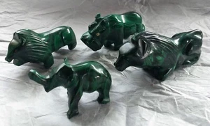 FOUR HAND CARVED GREEN MALACHITE ANIMAL FIGURINES LIONS, HIPPO, ELEPHANT - Picture 1 of 5