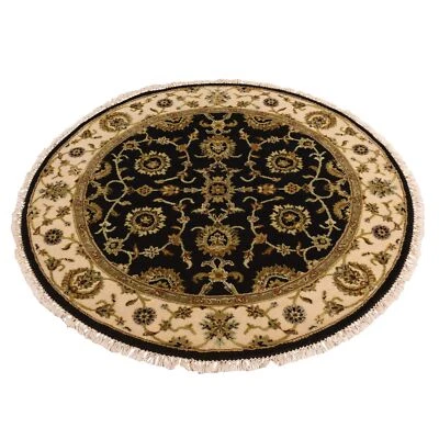 4'2"x4'2" Black Rajasthan Hand Knotted Half Wool and Half Silk Round Rug R78281 - Image 1 of 4