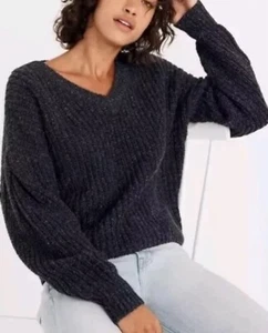 MADEWELL Women’s Small Wool Silk Chunky Knit Sweater Crop Gray Pleat Sleeve - Picture 1 of 6