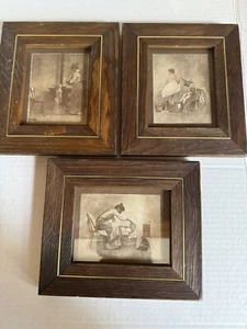 Set of 3 R.Hendrickson Sepia Art Framed Prints Lady Giving Child a Bath in a Tub - Picture 1 of 9