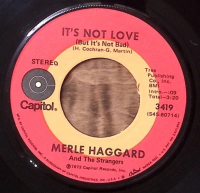 MERLE HAGGARD MY WOMAN KEEPS LOVIN' HER MAN/IT'S NOT LOVE CAPITOL VINYL 45 59-19 - Image 1 of 3