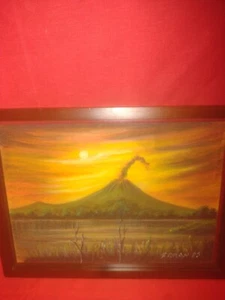 Schönes Gemälde Öl auf Papier Vulkanszene signiert ROMANDEN. - Bild 1 von 9