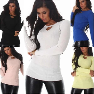 Damen Pullover Langarmshirt Stretch dünn Goldkette V-Ausschnitt sexy Slim 36 - Bild 1 von 26