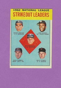 1963 Topps '62 NL Strikeout Leaders Koufax Gibson Drysdale #9 Baseball Card - Picture 1 of 2
