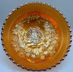 VINTAGE ESTATE MARIGOLD CARNIVAL GLASS BOWL WINDMILL FLOWER SCROLL SCALLOPED RIM - Picture 1 of 9