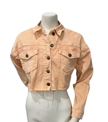 Chaqueta de mezclilla recortada de melocotón Gianni Bini para mujer talla S dobladillo deshilachado jean elástico Foto 1 de 4