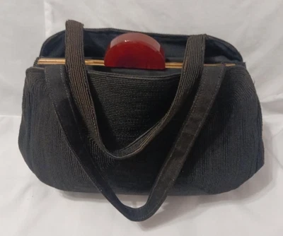 RARE! Classic Vintage 1930's-40s Art Deco Black Corded purse w/ Bakelite Closure - Image 1 of 4