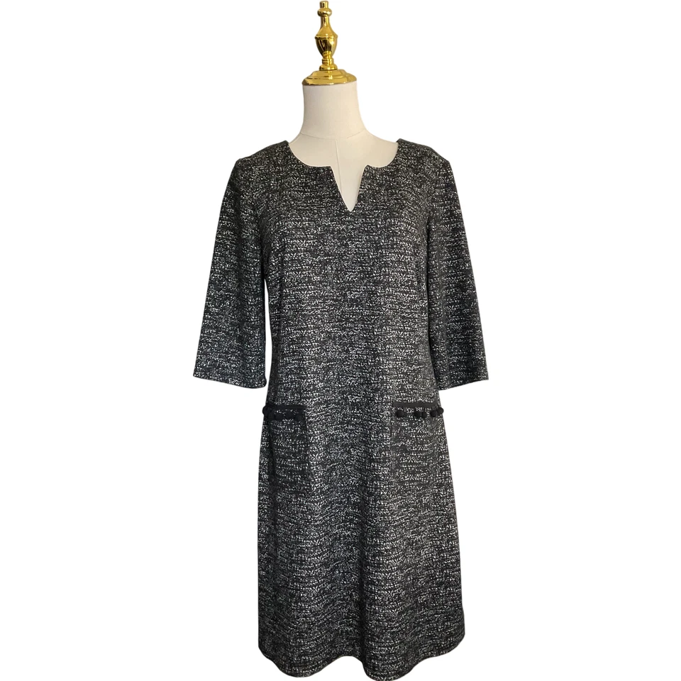 Vestido para mujer Connected Apparel 8P Petite negro blanco texturizado cuello en V manga 3/4 Foto 1 de 4