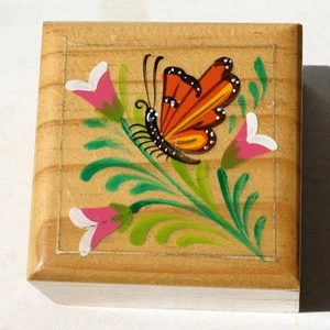 Butterfly on Plant Wooden Trinket Box Butterfly Flowers Painted Unmarked Box -- - Picture 1 of 1