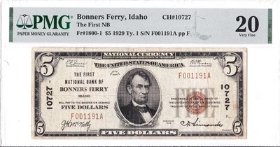$5 1929 T1 National BONNERS FERRY Idaho ID 🇺🇸 RARE Only 5 on Census 🇺🇸 - Image 1 of 2