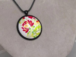 Gorgeous Ukrainian Folkart Large Pendant Glass Necklace, 18", 1.75" #5 - Picture 1 of 1