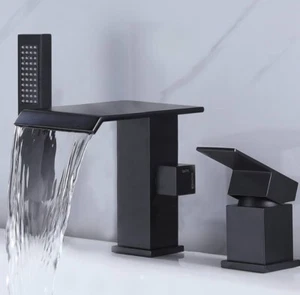 Waterfall Roman Tub Faucet with Hand Shower Matte Black High Flow Bathtub Faucet - Picture 1 of 2