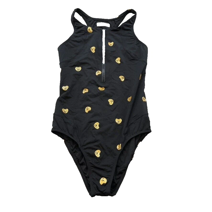 Traje de baño submarino de una pieza para niñas 16 negro dorado corazón cremallera frontal verano playa Foto 1 de 4