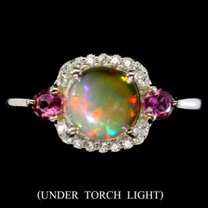 925 Sterling Silver Ring Round Fire Opal 7mm Rhodolit Gemstone Jewelry - Picture 1 of 9