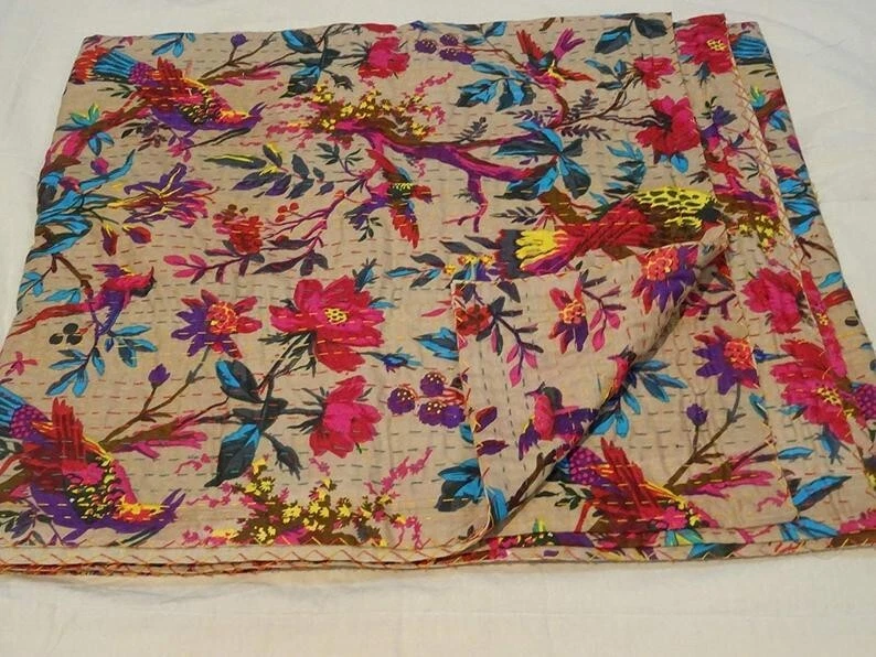 Indian Bird Print Kantha Quilt Vintage Bedspread Throw Blanket Cotton Gudari IND - Image 1 of 1