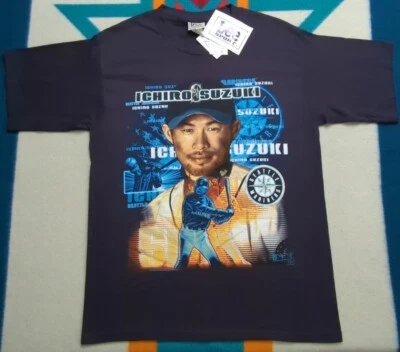 Camisa caricatura Ichiro Suzuki 2001 Seattle Mariners novato mediana nueva con etiquetas Foto 1 de 4