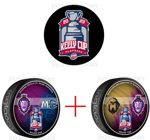 2023 ECHL Kelly Cup Reading Royals Dueling 3 Hockey Puck PKG Round 2 ,Event Logo Cover