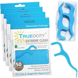 Trueocity Dental Flossers Brush Picks 4 Pack W/Travel Case (200 Total Count) - Picture 1 of 8