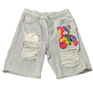 SHEIN Ripped Look Denim Jean Shorts with Tie Dye Teddy Bear Accent Women's Med - Picture 1 of 3