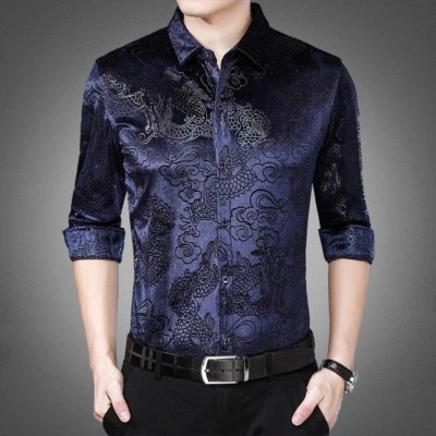 Men Velvet Shirt Casual Long Sleeve Pleuche Top Dragon Business Dress Thick Slim - Image 1 of 4