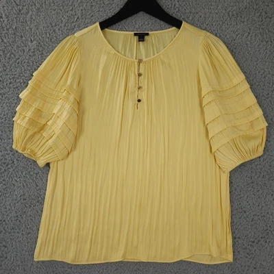 Ann Taylor Shirt Womens Small Yellow Pleated Puff Sleeve Shirred Cuff Blouse - Image 1 of 4