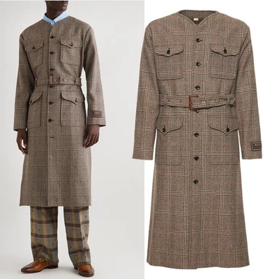 GUCCI COAT MENS BELTED PRINCE OF WALES CHECKED BROWN BEIGE WOOL $4,100 sz 48 - Image 1 of 4