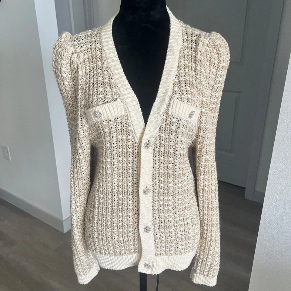 Express Wmns Cream Gold Cardigan Rhinestone Buttons Sz M Preppy Town Country - Image 1 of 4