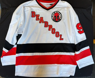Camiseta deportiva de hockey rara Marvel Deadpool #91 para hombre XL/EG/TG blanca envío rápido Foto 1 de 3