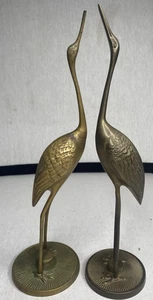 Vintage Mid Century Solid Brass Crane Egret Heron  Statue Sculpture Pair of 2 - Picture 1 of 18