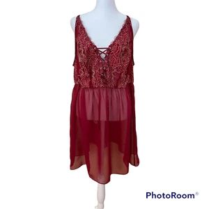 Cacique Dark Red Sheer Chemise Negligee Babydoll Nightgown -- 22/24 Gold Accent - Picture 1 of 9