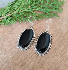 Orecchini onice nera naturale fatti a mano argento sterling 925 ovale - Foto 1 di 5