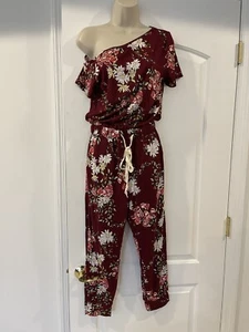 Off Shoulder Size M Burgundy  Floral Jumpsuit Romper Overall Body Suit Pockets - Picture 1 of 21