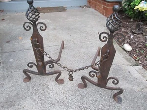Antique Roycroft Wrought Iron Fireplace Andirons Arts & Crafts Toothaker? - Picture 1 of 13