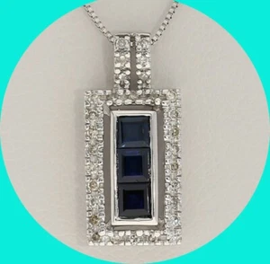 Diamond Sapphire Pendant Necklace .65CT 14K White Gold 16.25” Chain - Picture 1 of 8