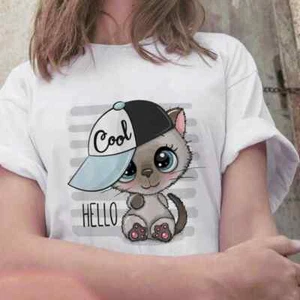 2021 Women Tshirt Cartoon Cats Print Female T-shirts Casual Short Sleeve Casual - Picture 1 of 3