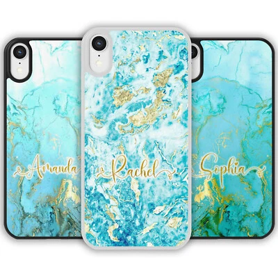 Funda protectora personalizada con nombre azul y dorado de mármol para iPhone Samsung Initial Foto 1 de 4