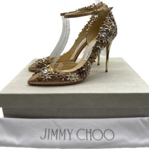 Jimmy Choo Lorelai Pumps Size 37 Gold Nude Champagne Leather Floral Wedding - Picture 1 of 15