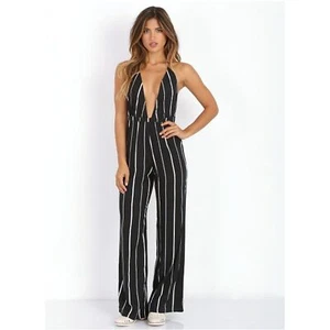FAITHFULL THE BRAND Navy Blue White Striped Deep V-Neck Wide Leg Jumpsuit Medium - Picture 1 of 11