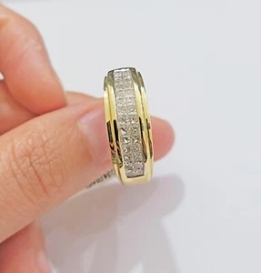 Real 14k Yellow Diamond Ring Mens Band 0.97 Ct Princess Cut Wedding Engagement - Picture 1 of 7