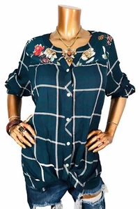 Dressbarn 2X Plus Top Plaid Floral Low V Cut Soft Button Up Shirt Blouse Long Sl - Picture 1 of 10