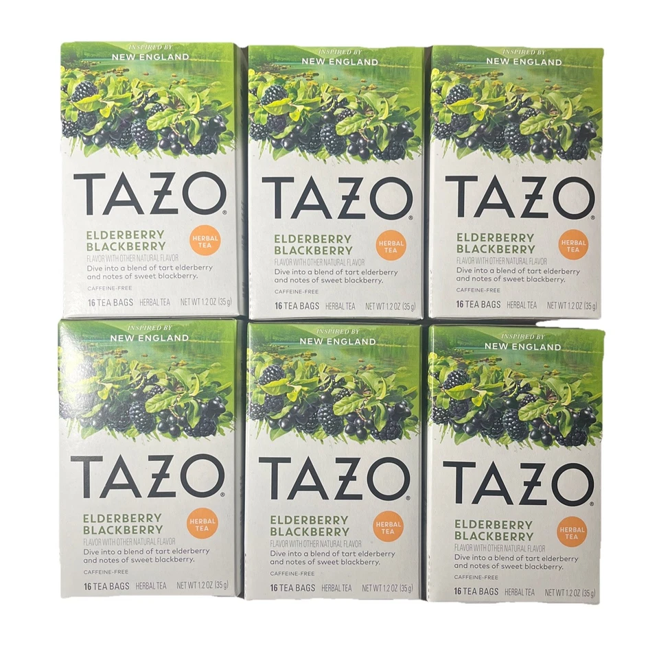 Pacote com 6 saquinhos de chá Tazo Herbal Tea ELDERBERRY BLACKBERRY 16 cada 11/2025 - Imagem 1 de 1