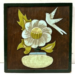 Arte da parete vintage in legno rilievo intagliato dipinto a mano uccellino fiore Vail Colorado - Foto 1 di 9