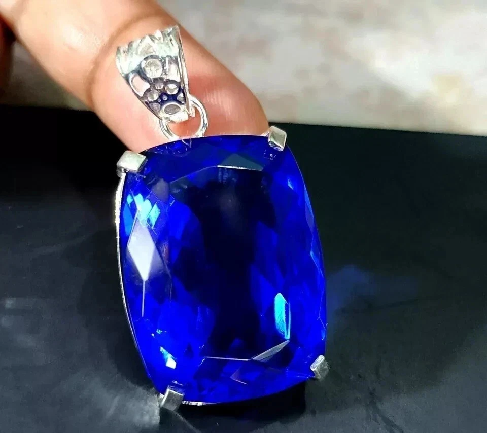 Colgante de piedra preciosa de plata maciza 925 certificado 64 quilates topacio azul natural corte cojín Foto 1 de 4